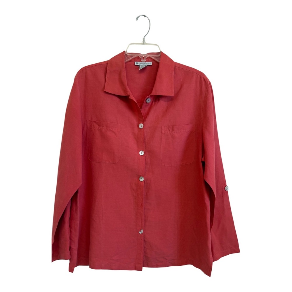 Dressbarn Silk Linen Blend Button Down Shirt Coral Red Roll Tab Sleeve XL